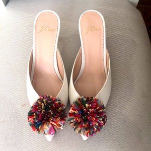 JCREW kitten heels with multi-color pompom detail